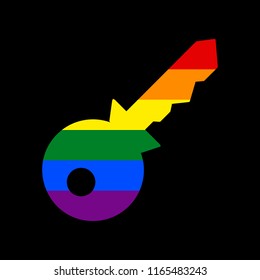 Key sign illustration. Vector. Icon with colors of LGBT flag at black background.