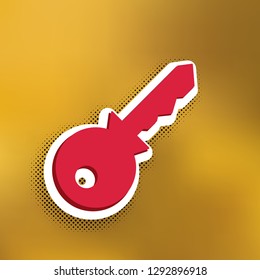 Key sign illustration. Vector. Magenta icon with darker shadow, white sticker and black popart shadow on golden background.