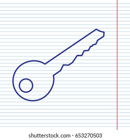 Key sign illustration. Vector. Navy line icon on notebook paper as background with red line for field.