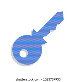 Key sign illustration. Vector. Neon blue icon with cyclamen polka dots pattern with light gray shadow on white background. Isolated.