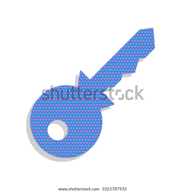 Key sign illustration. Vector. Neon blue icon\
with cyclamen polka dots pattern with light gray shadow on white\
background. Isolated.