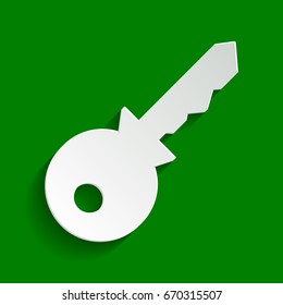 Key sign illustration. Vector. Paper whitish icon with soft shadow on green background.