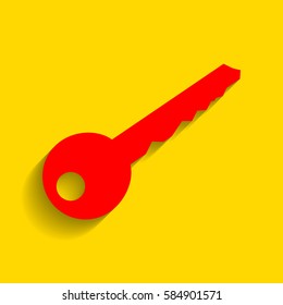 Key sign illustration. Vector. Red icon with soft shadow on golden background.