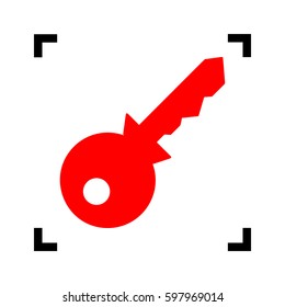 Key sign illustration. Vector. Red icon inside black focus corners on white background. Isolated.