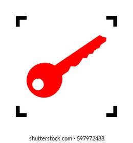 Key sign illustration. Vector. Red icon inside black focus corners on white background. Isolated.
