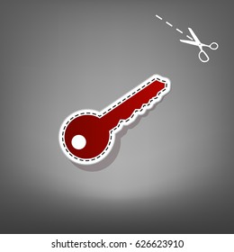 Key sign illustration. Vector. Red icon with for applique from paper with shadow on gray background with scissors.