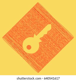 Key sign illustration. Vector. Red scribble icon obtained as a result of subtraction rhomb and path. Royal yellow background.