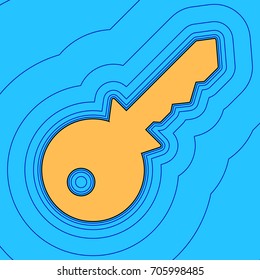 Key sign illustration. Vector. Sand color icon with black contour and equidistant blue contours like field at sky blue background. Like waves on map - island in ocean or sea.