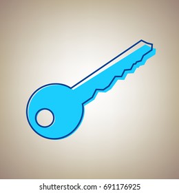 Key sign illustration. Vector. Sky blue icon with defected blue contour on beige background.