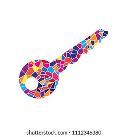 Key sign illustration. Vector. Stained glass icon on white background. Colorful polygons. Isolated.