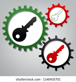 Key sign illustration. Vector. Three connected gears with icons at grayish background.