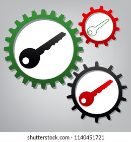 Key sign illustration. Vector. Three connected gears with icons at grayish background.