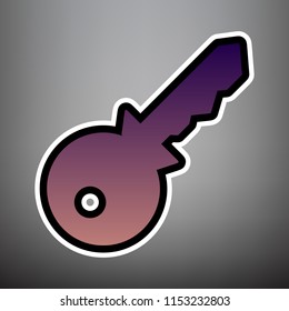 Key sign illustration. Vector. Violet gradient icon with black and white linear edges at gray background.