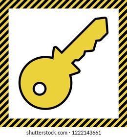 Key sign illustration. Vector. Warm yellow icon with black contour in frame named as under construction at white background. Isolated.