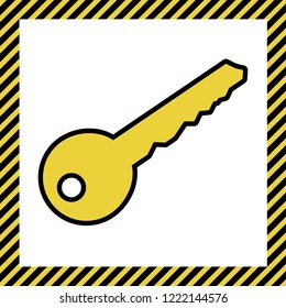 Key sign illustration. Vector. Warm yellow icon with black contour in frame named as under construction at white background. Isolated.