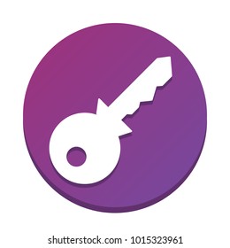 Key sign illustration. Vector. White icon with flat shadow on purpureus circle at white background. Isolated.
