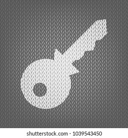 Key sign illustration. Vector. White knitted icon on gray knitted background. Isolated.