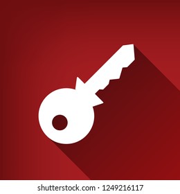 Key sign illustration. Vector. White icon with limitless shadow at ruby red background.