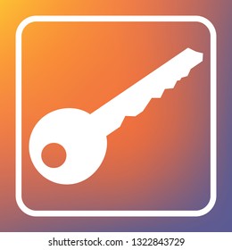 Key sign illustration. Vector. White icon on transparent button at orange-violet gradient background.