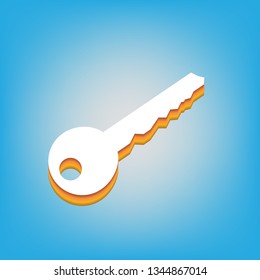 Key sign illustration. Vector. White icon with 3d warm-colored gradient body at sky blue background.