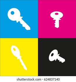 Key sign illustration. Vector. White icon with isometric projections on cyan, magenta, yellow and black backgrounds.