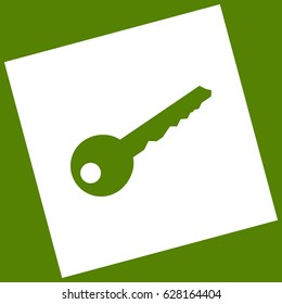 Key sign illustration. Vector. White icon obtained as a result of subtraction rotated square and path. Avocado background.