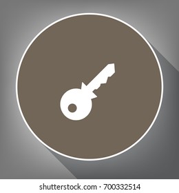 Key sign illustration. Vector. White icon on brown circle with white contour and long shadow at gray background. Like top view on postament.