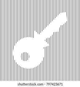 Key sign illustration. Vector. White icon on grayish striped background. Optical illusion.