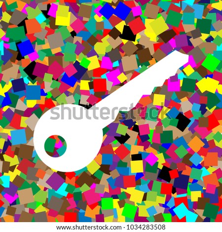 Key sign illustration. Vector. White icon on colorful background with seamless pattern from squares.