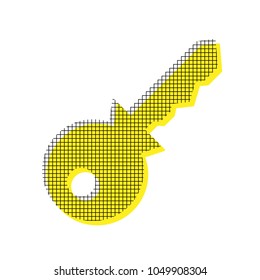 Key sign illustration. Vector. Yellow icon with square pattern duplicate at white background. Isolated.