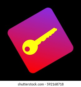 Key sign illustration. Vector. Yellow icon at violet-red gradient square with rounded corners rotated for dynamics on black background.