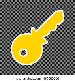 Key sign illustration. Vector. Yellow icon with white contour on dark transparent background.