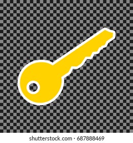 Key sign illustration. Vector. Yellow icon with white contour on dark transparent background.