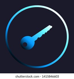 Key sign illustration. White, cyan and blue gradient icon as round button in white shell at dark blue background. Illustration.