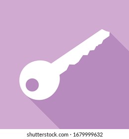 Key sign illustration. White Icon with long shadow at purple background. Illustration.