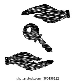 Key sign. Save or protect symbol by hands with scribble effect.