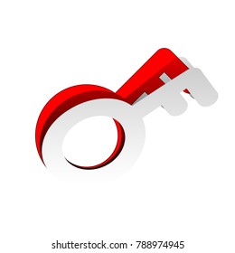 Key sign. Vector. Detachable paper icon with red body stock. Isolated.