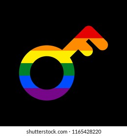 Key sign. Vector. Icon with colors of LGBT flag at black background.