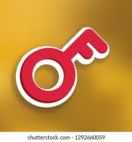 Key sign. Vector. Magenta icon with darker shadow, white sticker and black popart shadow on golden background.