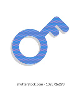 Key sign. Vector. Neon blue icon with cyclamen polka dots pattern with light gray shadow on white background. Isolated.