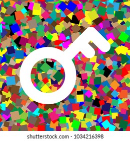 Key sign. Vector. White icon on colorful background with seamless pattern from squares.