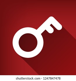 Key sign. Vector. White icon with limitless shadow at ruby red background.