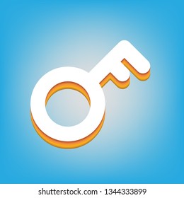 Key sign. Vector. White icon with 3d warm-colored gradient body at sky blue background.