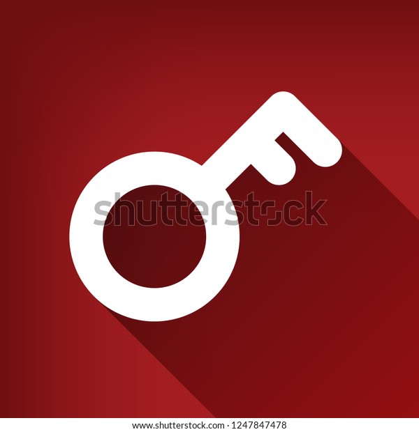 Key sign. Vector. White icon with limitless\
shadow at ruby red\
background.