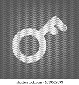 Key sign. Vector. White knitted icon on gray knitted background. Isolated.