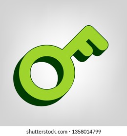 Key sign. Vector. Yellow green solid icon with dark green external body at light colored background.
