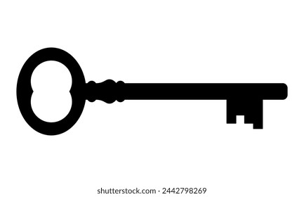 key silhouette, black and white vector illustration of old vintage antique key, white background