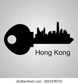 The key with the silhouette of Hong kong isolated on grey background. Vector illustration