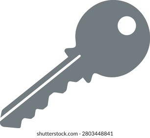 Key silhouette for house or car lock access, classic gray door key icon isolated on white background