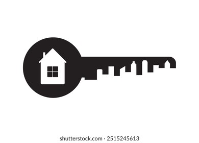 Key silhouette with house, real estate logo or icon, Mortgage, new home. flat vector illustration